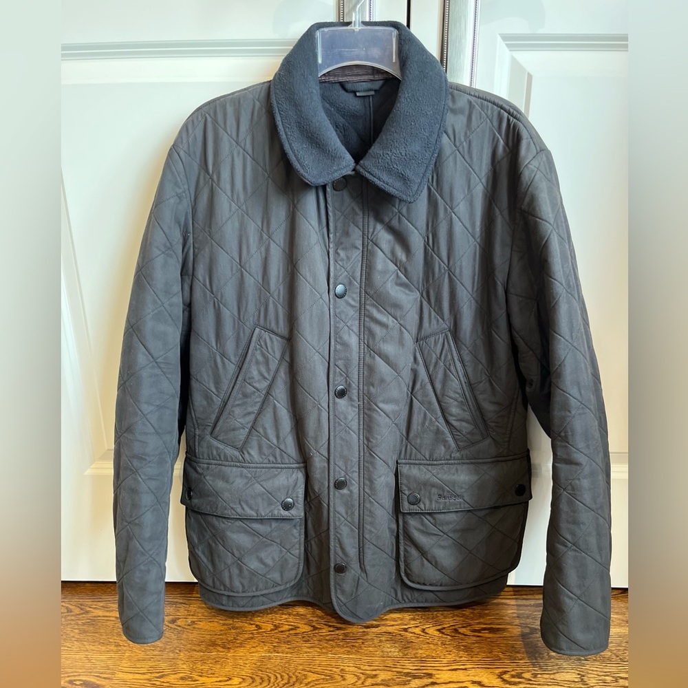 Barbour Men’s Classic Diamond-Quilted Jacket Fleece-Lined Dark Grey Olive Sz Med